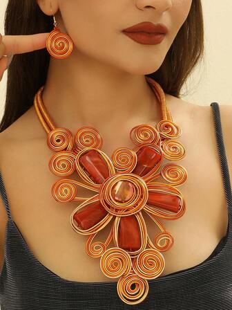 Överdriven flerskiktad handgjord tung aluminiumtrådvävd hartskedja bohemisk europeisk och amerikansk mellanöstern europeisk koreansk version kvällsfest semester kvinnor harts artificiell kristallformad halsband örhängen