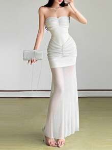 Vestido ajustado de un solo color con hombros descubiertos y transparencia de YeonC - Blanco - Ver 7