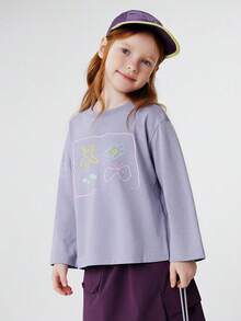 mini bala Girls' Quick-Drying Long-Sleeved T-Shirt, Breathable And Antibacterial, Cute Print, Spring Top - Hyacinth Purple - View 1