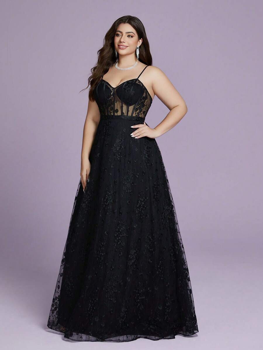 V-Neck, See-Through Embroidery, Lace, Long-Sleeved, Large-Swing High-End Black Wedding Dress - Black - View 1