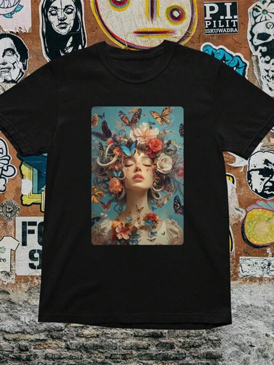 Floral Butterfly Woman T-Shirt – Surreal Art Graphic Tee - 黑色 9 - 查看 1