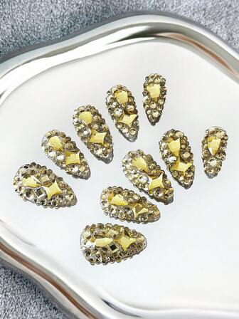 Unghie finte a mandorla realizzate a mano con punte trasparenti, strass gialli e design 3D scintillanti a copertura totale - Unghie finte a copertura completa con glitter fai-da-te, unghie finte per feste, all'aperto, spiaggia, uso quotidiano, vacanze, raduni, lavoro ed eventi speciali - 10 pezzi/confezione