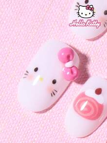 SANRIO 24片椭圆形粉色少女美甲贴纸，包含3D蝴蝶结和爱心装饰，1瓶凝胶指甲油和1把指甲锉，女士日常派对美甲套装 - 彩色 - 查看 4