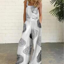 European And American New Style Cotton And Linen Printed Button Decorated Sleeveless Loose Strap Jumpsuit For Women - trắng - Xem 12