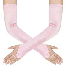 Women's Long Fingerless Opera Tea Party Gloves Elbow Length 1920s Stretchy Satin Wedding Bridal Costume Gloves,Pink - 粉紅色的 - 查看 1