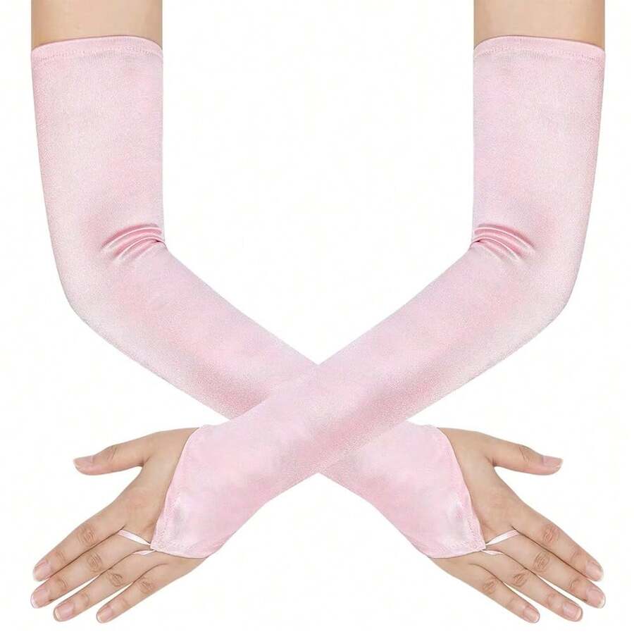 Women's Long Fingerless Opera Tea Party Gloves Elbow Length 1920s Stretchy Satin Wedding Bridal Costume Gloves,Pink - 粉紅色的 - 查看 1