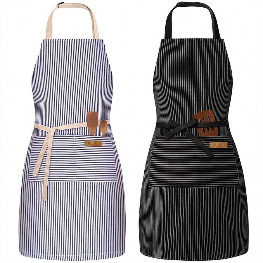 2 paquetes de delantal de babero ajustable con 2 bolsillos, delantales de cocina, restaurante para mujeres y hombres - Rayas azules y negras - Ver 1