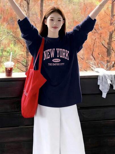 女士简约纯色藏蓝色基础款宽松休闲日常通勤街头Y2K撞色字母印花圆领罗纹长袖上衣T恤