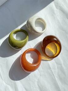 4件套复古几何椭圆形树脂戒指，新款不对称红色、灰色、白色、绿色极简戒指套装，适合日常佩戴、节日、派对礼物 - 彩色 - 查看 6