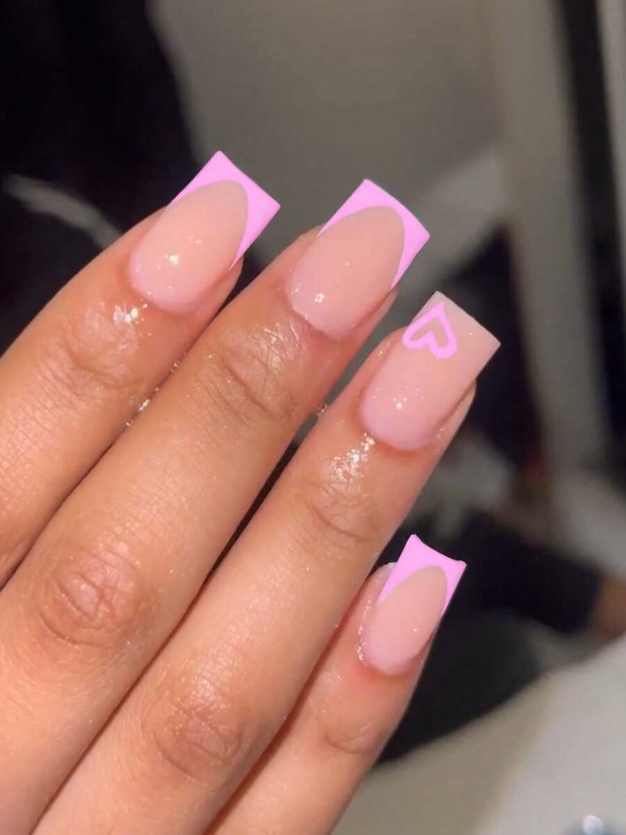 24 Stück rosa herzförmige Aufklebe-Nägel mit Gelee-Gel und Nagelfeile, Upgrade Ihres Looks für den Valentinstag, geeignet für Feiertage, den täglichen Gebrauch, Schule, Büro, Partys, Nail Art, Nagelpflege-Set Nagelbedarf - Pink - Übersicht 1