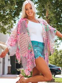 Acelitt 女士波西米亚风波点印花蝙蝠袖宽松休闲和服外套，适合夏季旅行、海滩度假