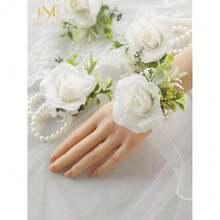 Meldel White Ivory Rose Wrist Corsage, Set Of 6, Wedding Bridal Flower Corsage Hand Decor For Prom Party Homecoming, Wristband Flowers Bride, Bridesmaid,White#2WristCorsage(Setof6) - 白色#2腕花(6件套裝) - 查看 4