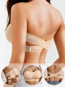 黑色无肩带无衬垫隐形无缝抹胸文胸，前扣式，百搭性感内衣，适合搭配露肩和单肩服装 - 杏色 - 查看 7