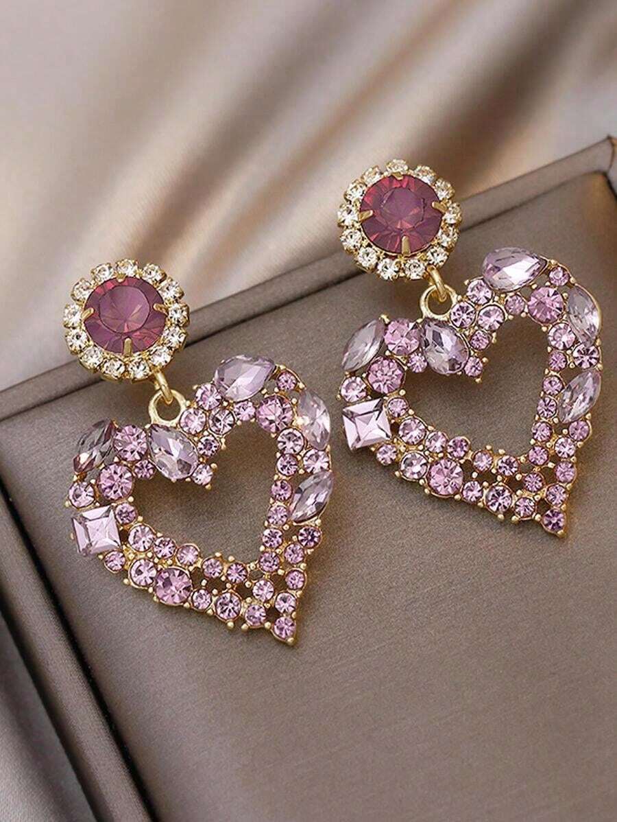 2pcs Rhinestone Heart Drop Earrings Valentines - Màu tím - Xem 1