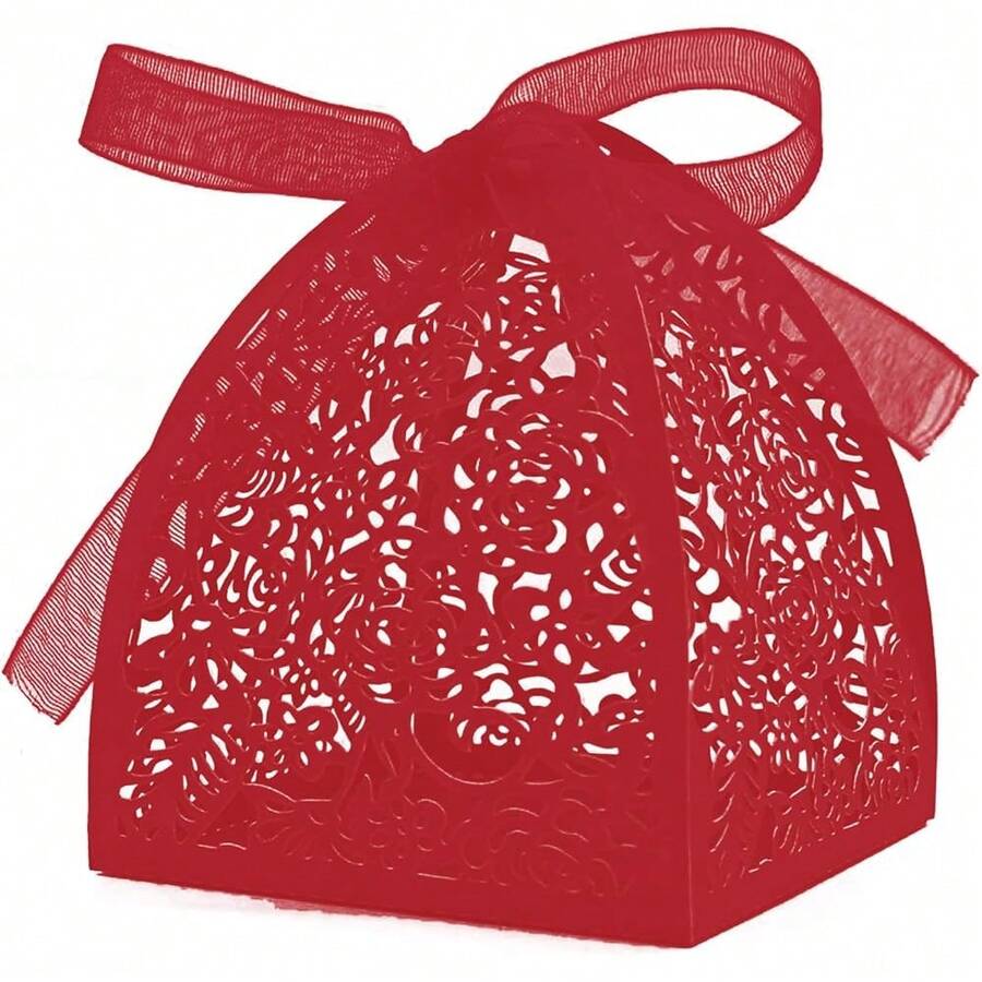 50 Pieces Beauty Laser Cut Favor Boxes DIY Wedding Birthday Gift Candy Boxes With Ribbons (Red),Red - Red - View 1