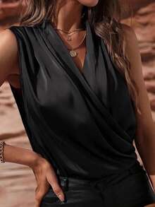 Women's Satin Tank Tops Solid Color Sleeveless Wrap V Neck Pleated Summer Shirts - 黑色 - 查看 5