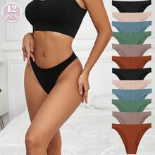 12Pcs Sexy Soft Women Panties Stretchy Briefs Female Underpants Thongs Fashionable And Minimalist Solid Colors Briefs Lingerie & Women Underwear - 彩色 - 查看 9