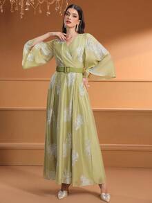 Women's Elegant Cross-Neck Random Embroidered Dress - Green - View 4