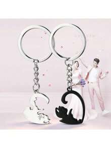 Cat Hug Keychain With Patchwork Heart Round Keyring Cute Design For Couple Lovers Bag Car Key Holder Gift