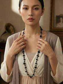 1 pieza Collar largo de cadena de suéter con cuentas y piedras minerales multicapa hecho a mano, accesorio vintage de alta gama para mujeres, otoño/invierno - Negro - Ver 4