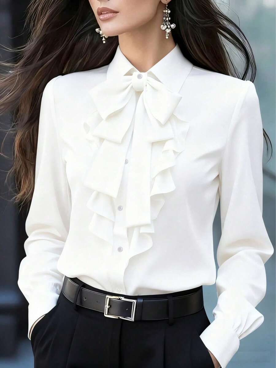 Women's Elegant Long Sleeve Blouse, White Collar Tie, Ruffle And Bow Details, Regular Fit Top, Suitable For Work, Spring, Autumn - White - View 1