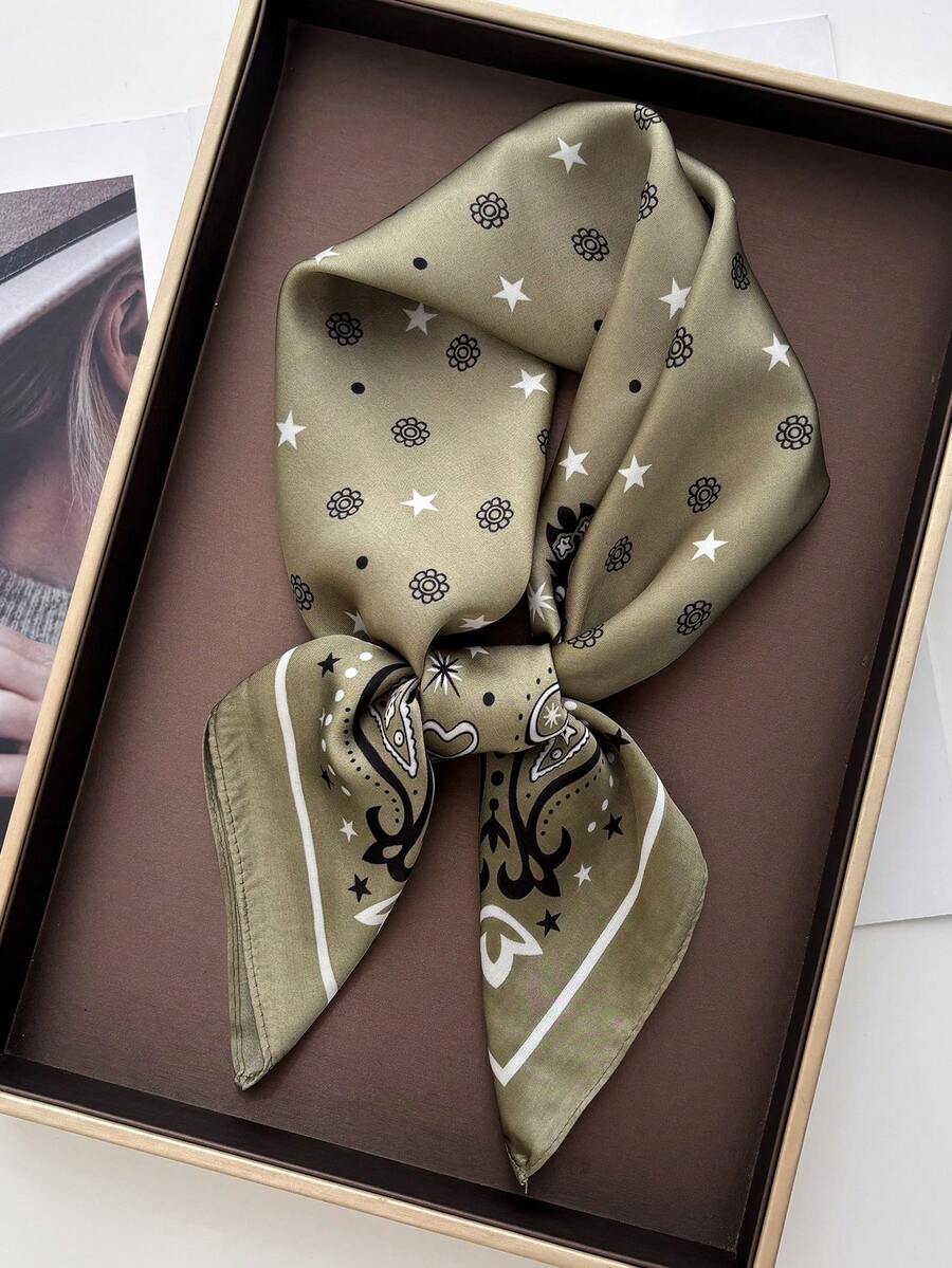1 chiếc khăn quàng cổ vuông 27,6 inch bằng lụa giả họa tiết hoa Paisley, khăn bandana mới dành cho nữ, cà vạt đa năng, phụ kiện tóc, khăn quàng cổ thời trang - Màu xanh Ô liu - Xem 1
