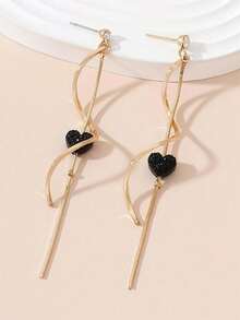 一对优雅心形吊坠耳环 - 独特简约设计，适合女性，可作为情人节礼物 - 黑色 - 查看 3