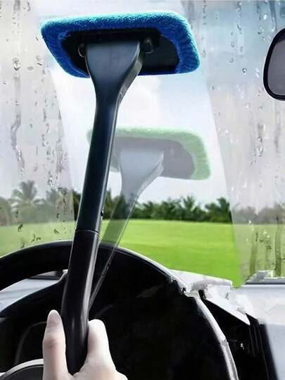Glass Cleaning Brush, Handy Car Window Mop,  Interior Window Wiper(+Two Mop Caps), Perfect Foe Car Kitchen Bathroom Housework