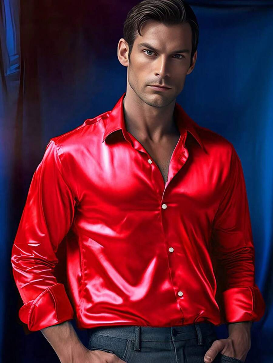 Spring New Men's Long Sleeve Shirt, American Satin Casual Shirt, Classic Glossy Nightclub Bar Elegant Shirt, Red Shirt Top - Red - View 1