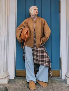 DAZY Women's Suede Collar Loose Open Front Casual Jacket - Rust Brown - View 8