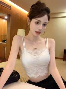 新款春夏返校季可爱性感纯蕾丝吊带背心，带衬垫胸罩，纯色女士内衣吊带衫休闲白色 - 白色 - 查看 3
