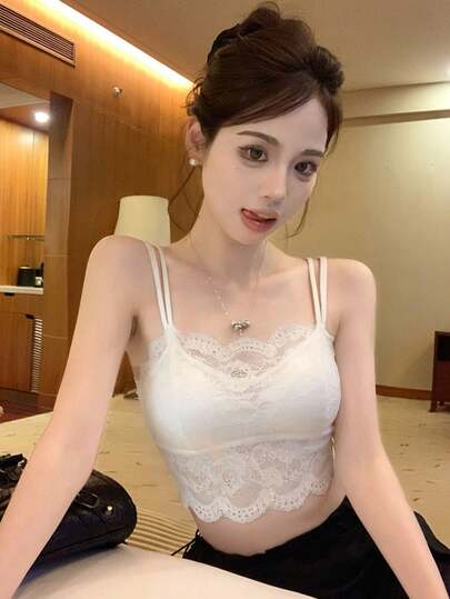 New Arrival Spring/Summer Back To School Cute & Sexy Pure Lace Camisole With Padded Bra, Solid Color Women Underwear Vest