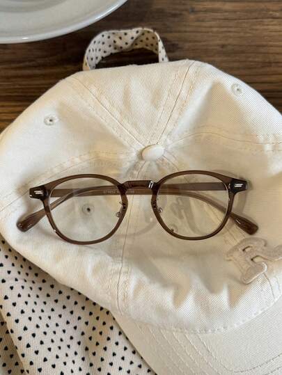1副复古茶色无度数透明镜片眼镜 - 简约方形和圆形镜框，镜框宽度46毫米，时尚轻便，女士眼镜配饰，含眼镜盒