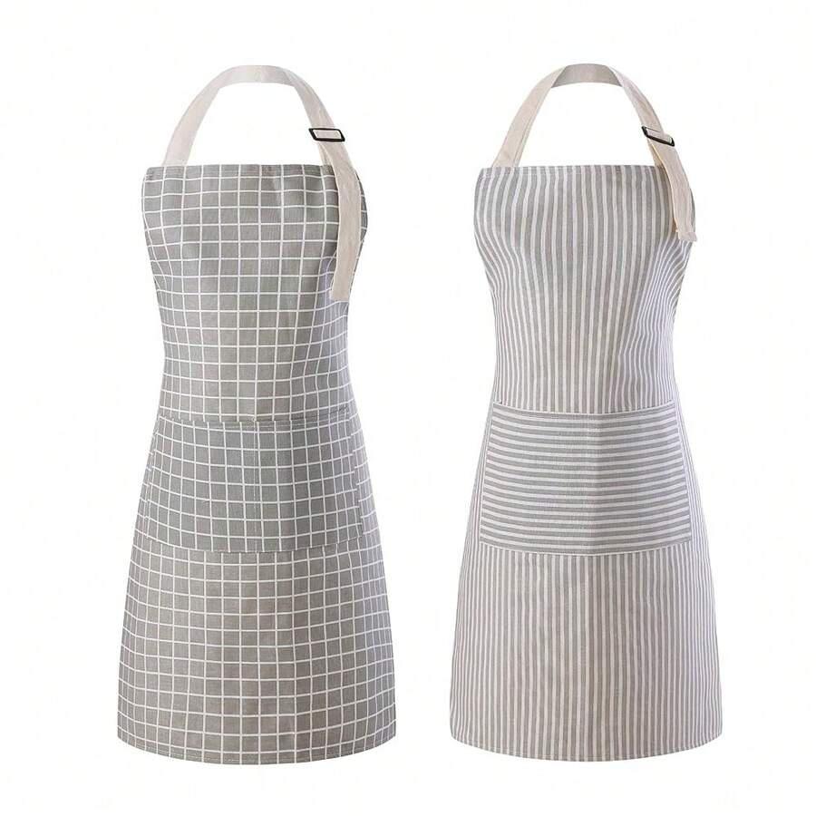 Tosewever 2 Pieces Kitchen CooFKing Aprons, Waterproof Linen Adjustable Bib Aprons With 2 Pockets For Women Men Chef (Grey Stripes/Plaids, 2) - GreyStripes/Plaids - View 1