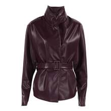 New Spring/Autumn Retro Motorcycle Style Stand Collar Leather Jacket, Fashionable And  Mid-Length Lace-Up Coat - Màu Đỏ Sâu - Xem 11
