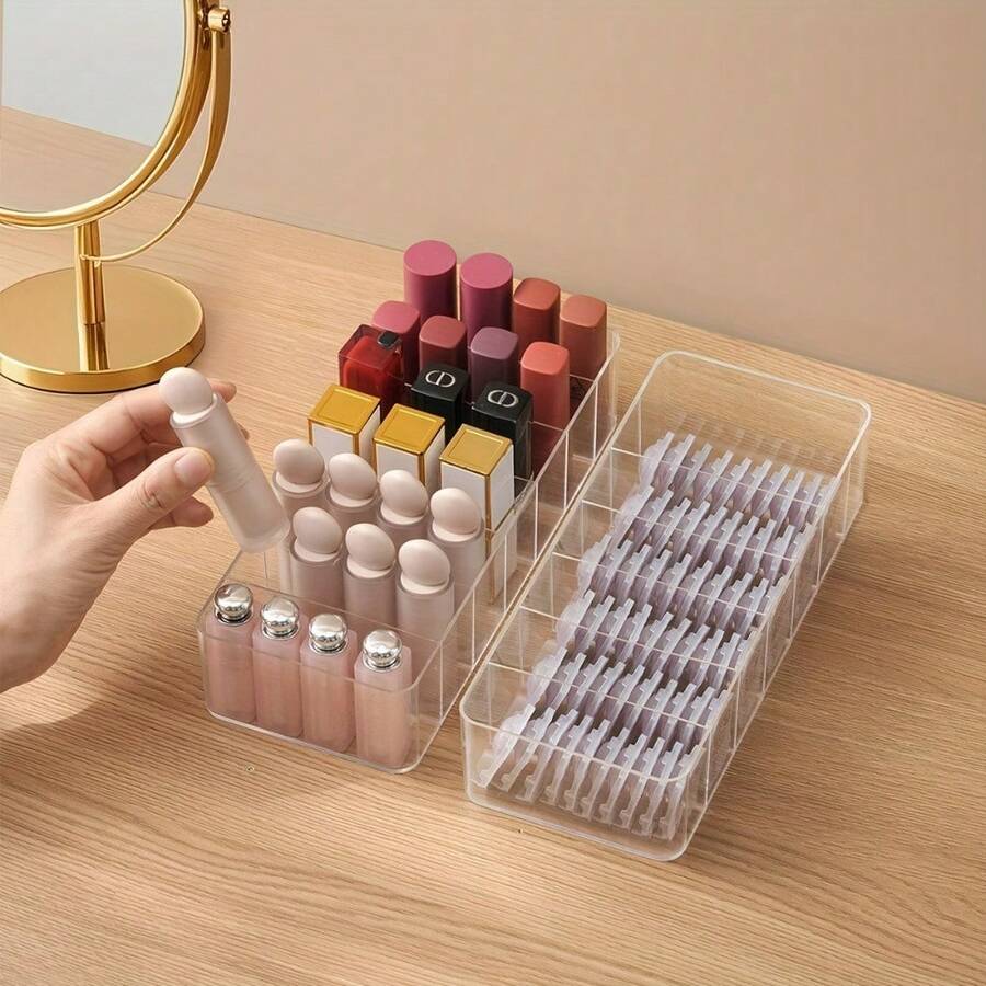 1/2pcs Transparent 7-Compartment Lipstick/Perfume/Cosmetic Storage Box, Makeup Organizer Tray