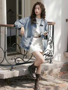 2025新款宽松休闲牛仔外套，女士秋冬款 - 復古藍 - 查看 6