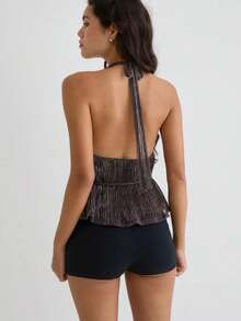 Women Sleeveless Tie Mock Neck Spring Summer Tops Fitting Casual Tie Side Halter Tank Top Elegant Blouses Shirts Clothes - 深棕 - 查看 2