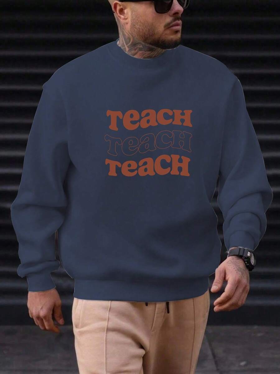 Men's Casual Crew Neck Sweatshirt With Educational Pattern - Navy Blue - View 1