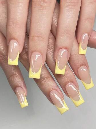 24 st. franska minimalistiska ljusgula fyrkantiga press-on naglar med gelégel och nagelfil, uppgradera din look för högtider, vardagskläder, lämplig för skolan, kontoret, festen, nagelkonst, nagelmanikyrset