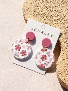 1对女士浪漫樱花小粉花心形印花陶瓷质感可爱亚克力圆形耳环 - 彩色 - 查看 6