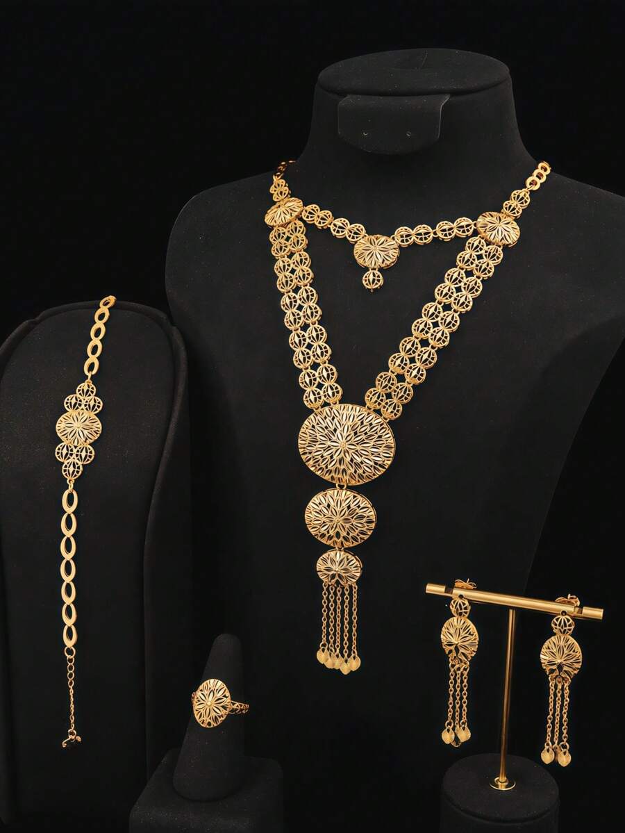 5pcs Geometric Starry Sky Crafted Multi-Layer Necklace, 18K Gold Plated Copper, French Romantic Luxury Dubai Style, Bridal Wedding Party Holiday Gift Set, Includes Scarf Necklace, Bib Necklace, Jewelry Gift Box - Champagne - View 1