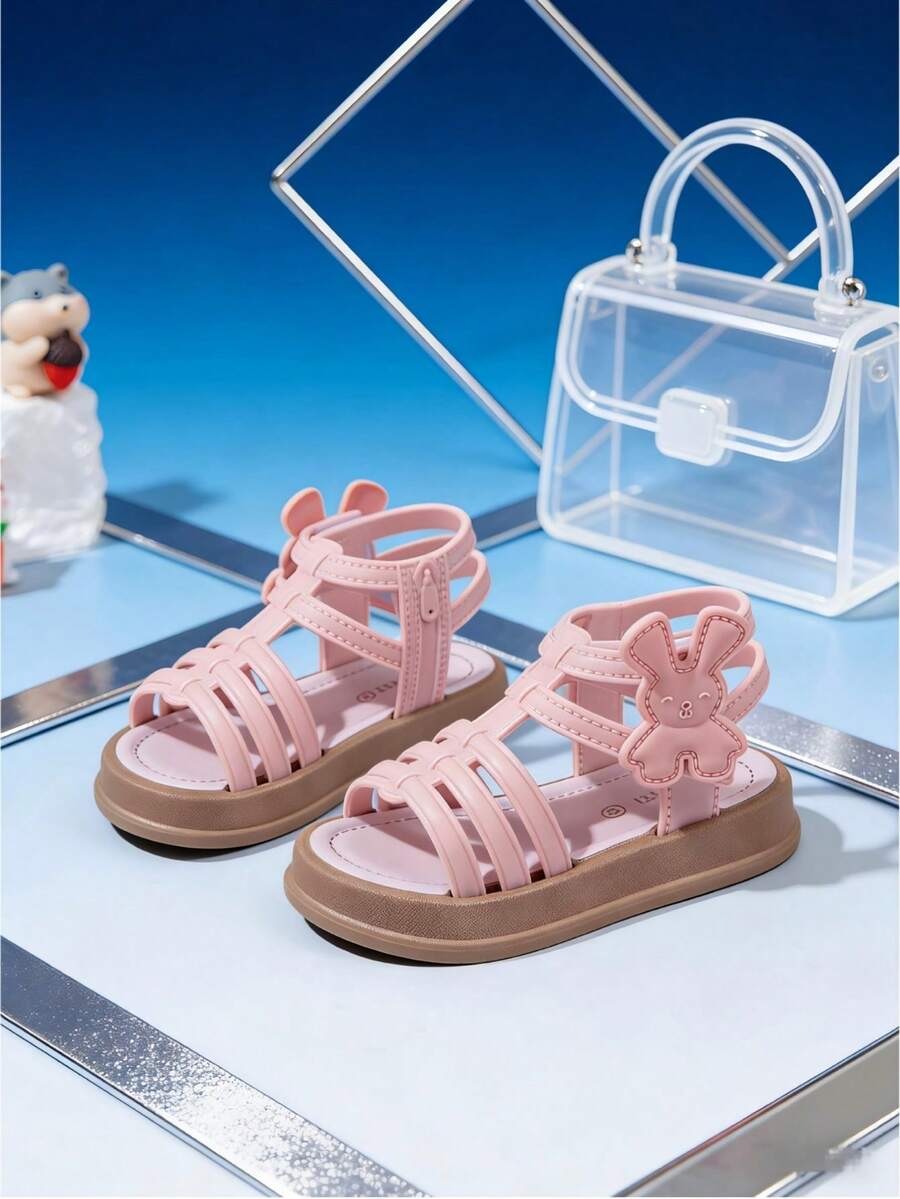 1 Pair New Girls' Rabbit Print PU Soft Bottom Sandals, Summer Breathable Non-Slip Children Roman Shoes, Princess Style Toddler Beach Casual Shoes - Pink - View 1