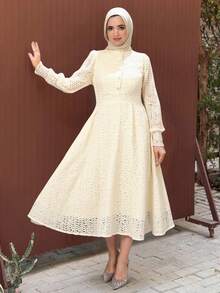 DAZY Elegant Solid Color Lace Stand Collar Long Sleeve Midi Dress For Wedding Guest, Spring,Fall Dress - Apricot - View 6