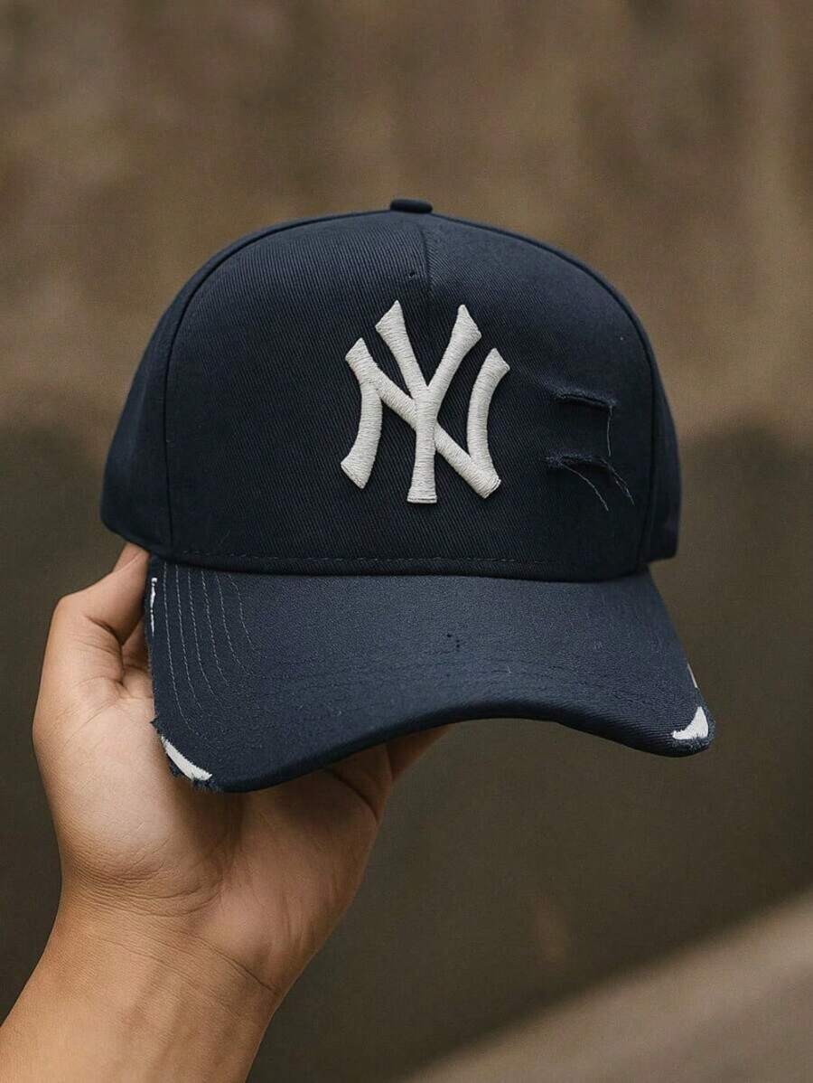 Men's Ripped New York Destroyed NY Baseball Cap With Curved Brim, Unisex Style. - 藍白色 - 查看 1