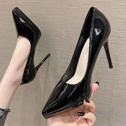Zapatos de tacón alto de color liso para mujer, tacón fino, estilo coreano, acabado brillante, silueta estilizada, zapatos elegantes para dama de honor, zapatos de tacón de cuero.