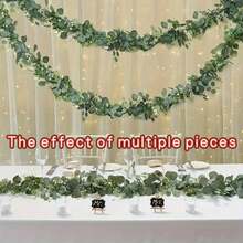 3件套逼真绿植套装 - 人造尤加利花环，搭配银叶菊和白色小花，每条70英寸 - 非常适合婚礼、家居装饰和派对桌布。人造花卉，尤加利装饰，适合情人节、复活节、感恩节和各种节日装饰。 - 綠色 - 查看 3