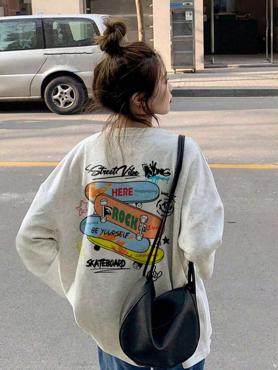 女款棉质滑板英文印花薄款长袖T恤，时尚百搭，秋冬 - 淺花灰 - 查看 1