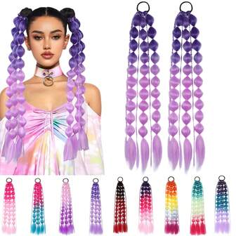 女士 Yaki 直泡泡马尾接发 - 2 件/1 件，24 英寸轻质接发带扎带，渐变色合成马尾适合所有年龄段、狂欢和节日发饰