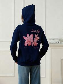 Women's Casual Graphic Print Loose Fit Thermal Lined Sweatshirt, Winter - Navy Blue - View 2